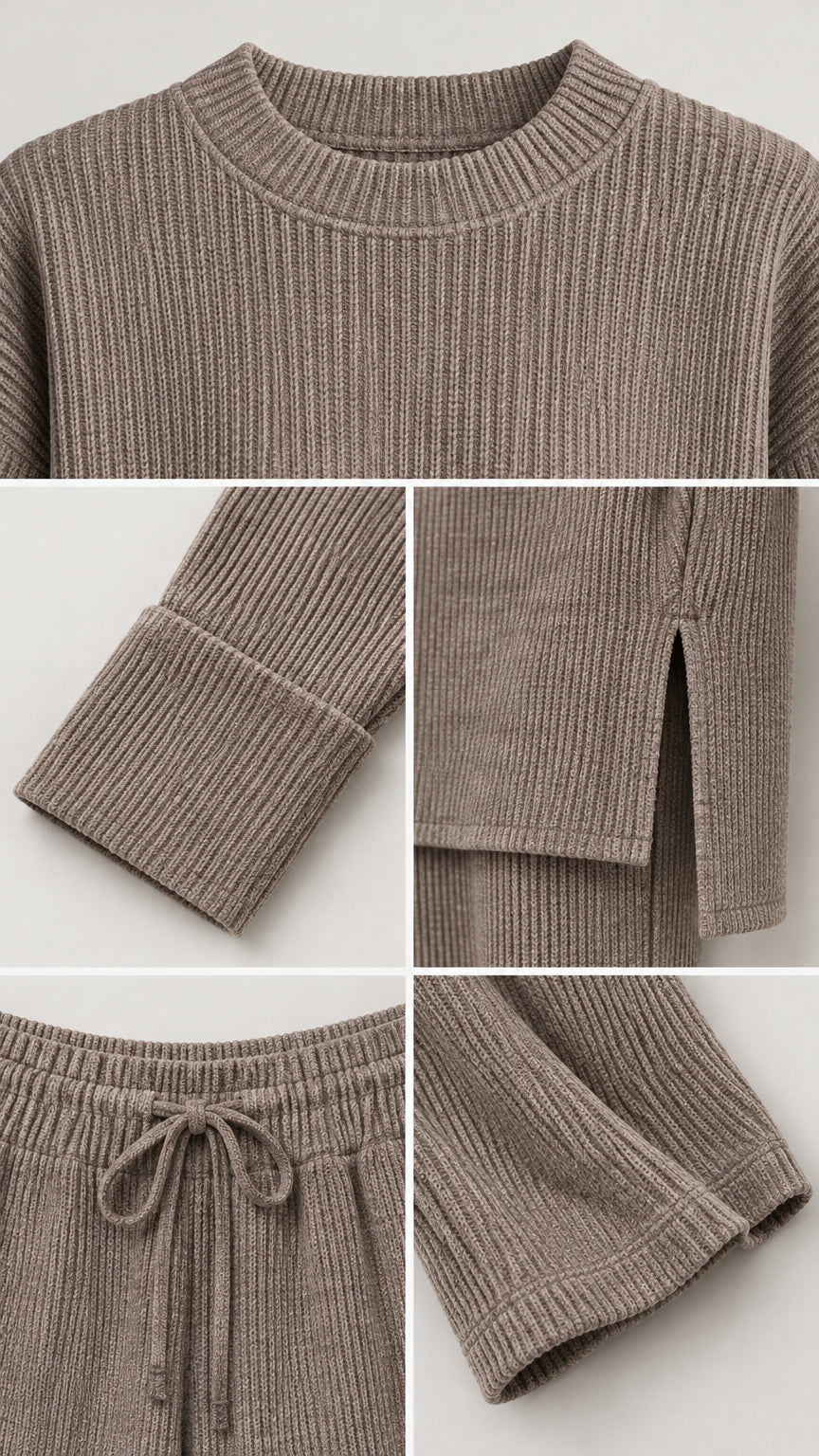 Close-up details of ribbed crewneck, cuff, side split hem, and drawstring waistband