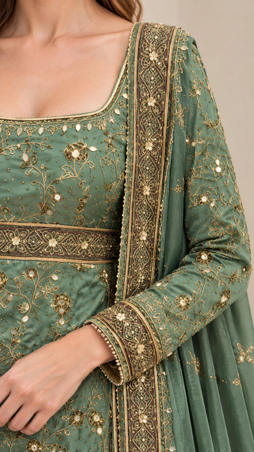 Close-up detail of gold floral embroidery and neckline on sage green ethnic suit