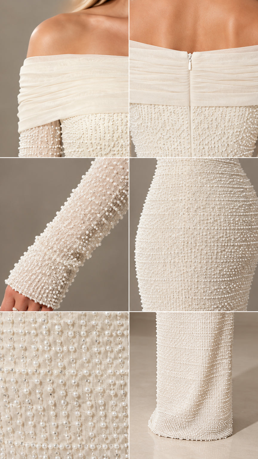 Close-up details of pearl beading, sleeve texture, and ruched neckline on ivory gown