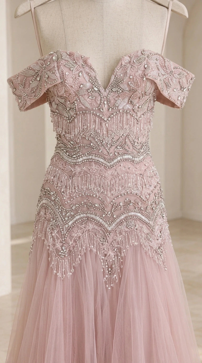 Close-up detail of intricate beading and sequin embroidery on bodice