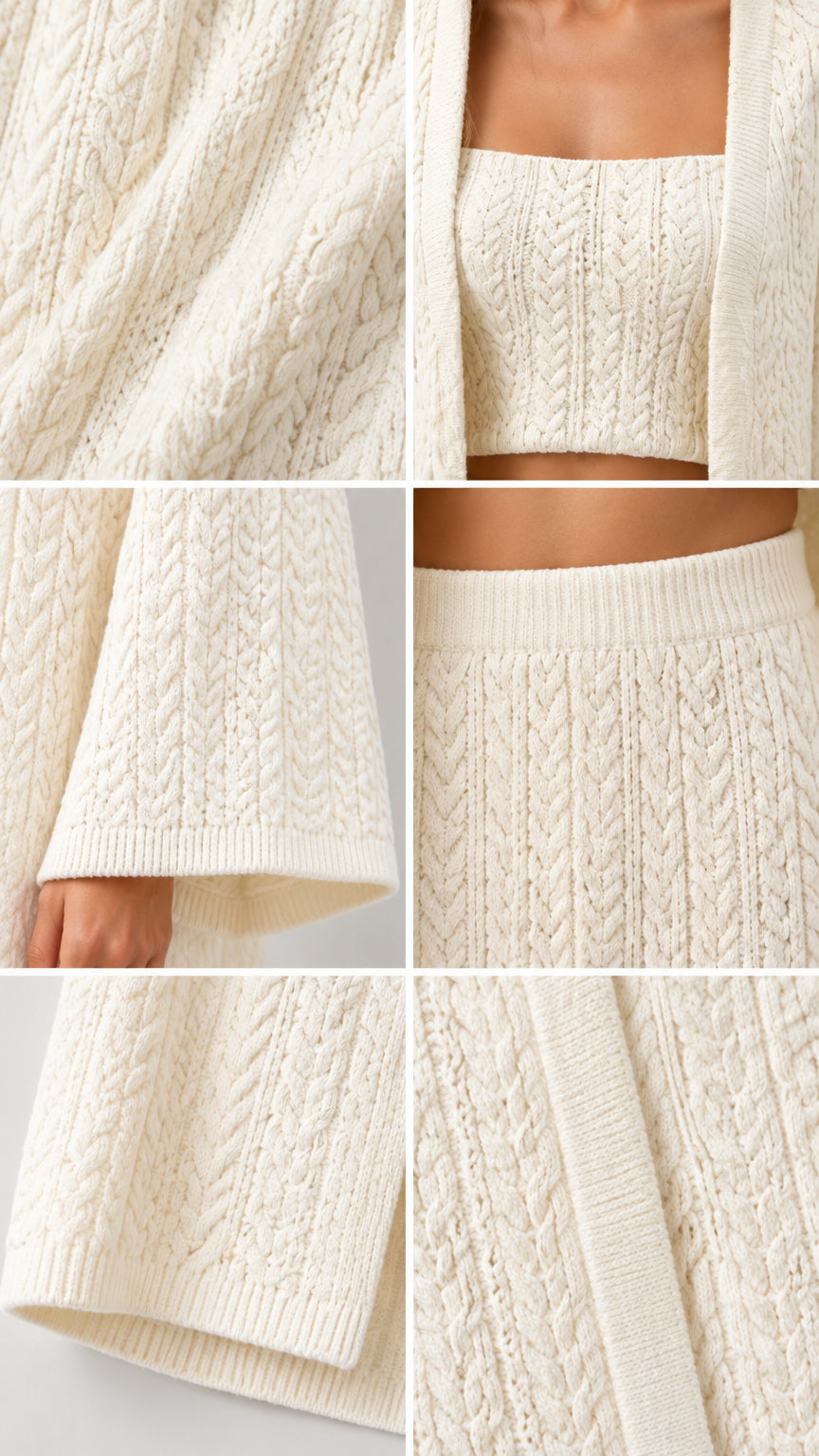 Close-up details of cable-knit texture, cropped square neckline, and ribbed sleeve cuffs