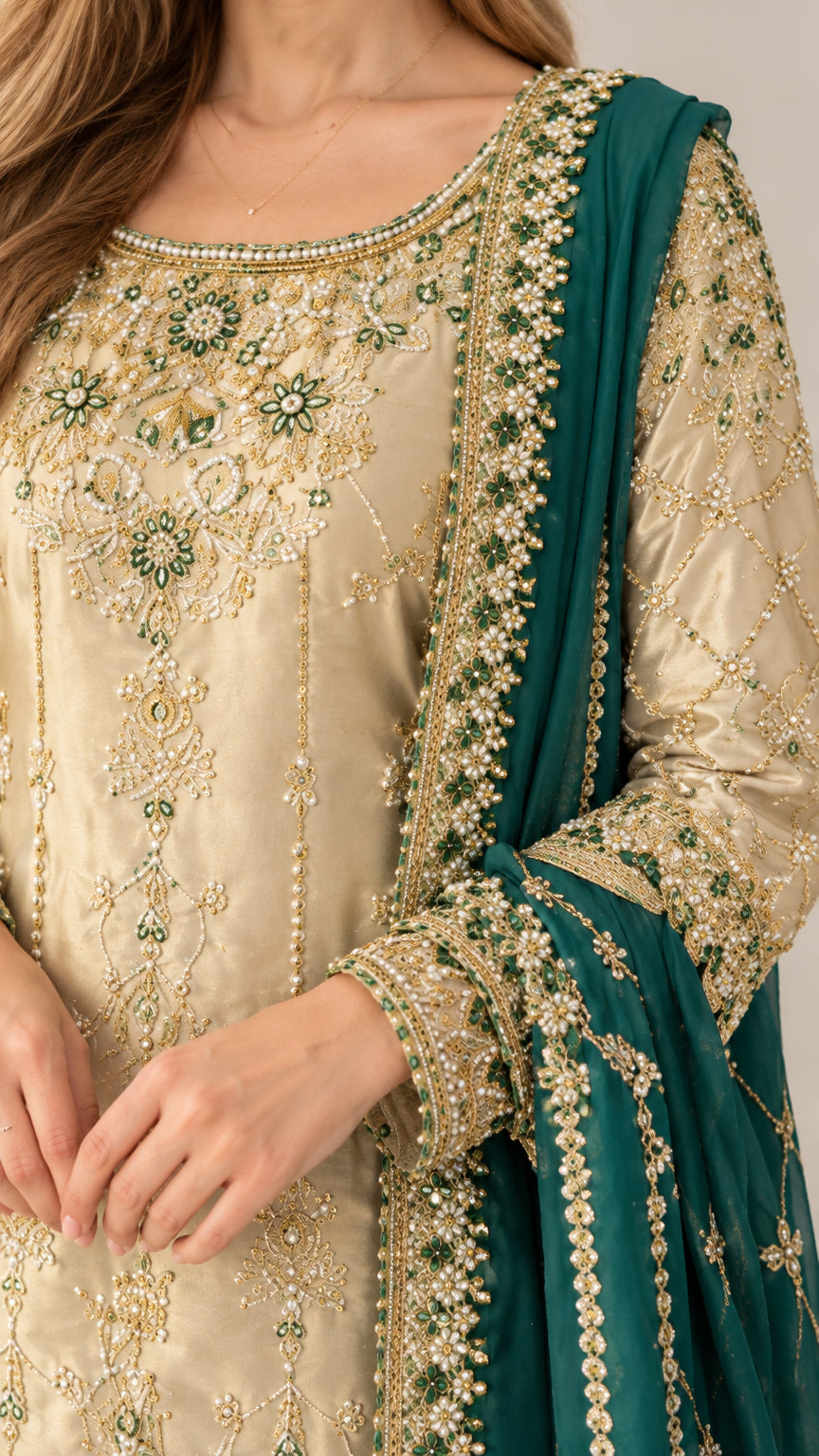 Close-up detail of intricate neckline and sleeve embroidery on gold kurti
