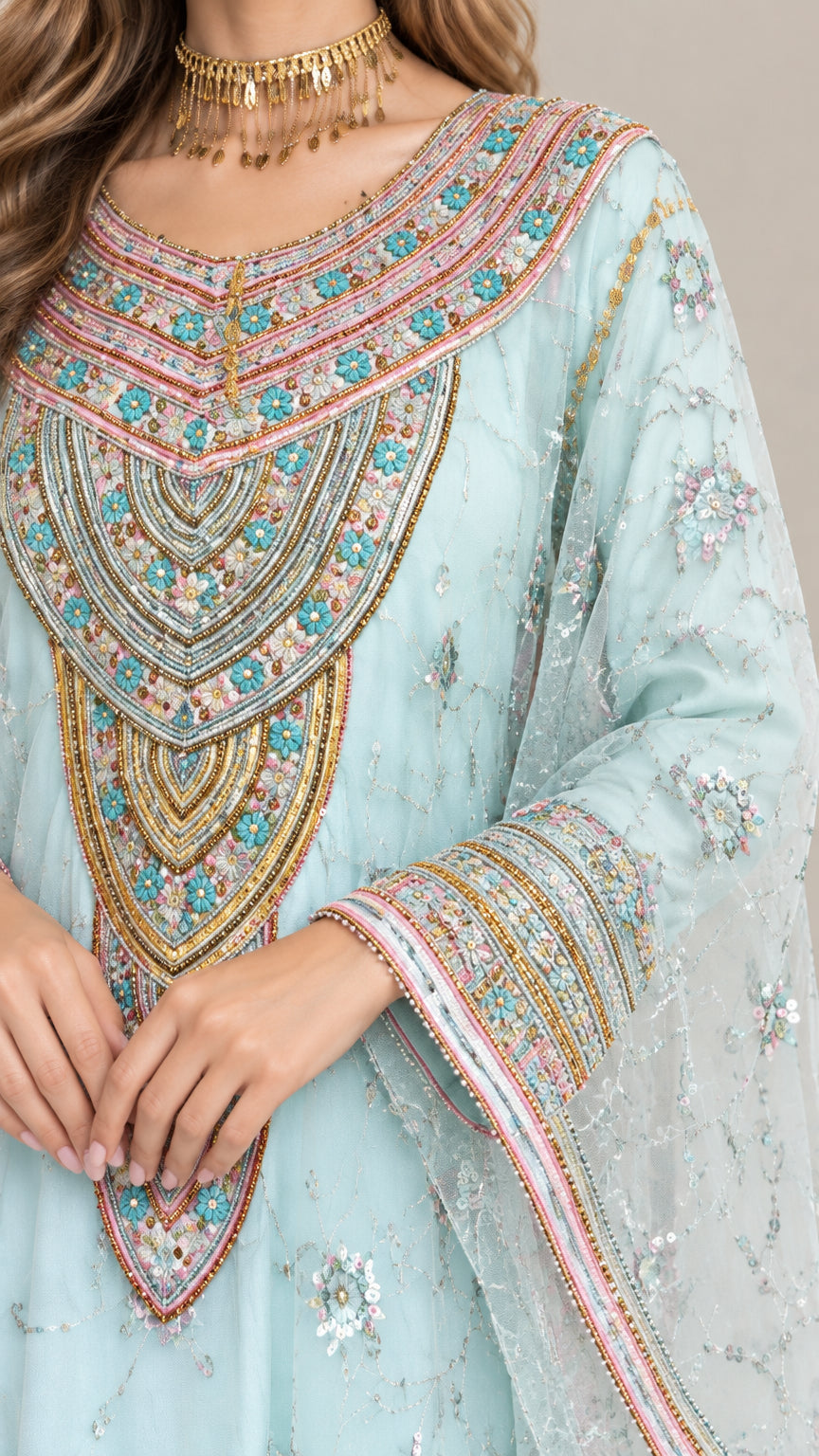 Close-up detail of ornate embroidered and sequined neckline and cuff of sky blue kaftan