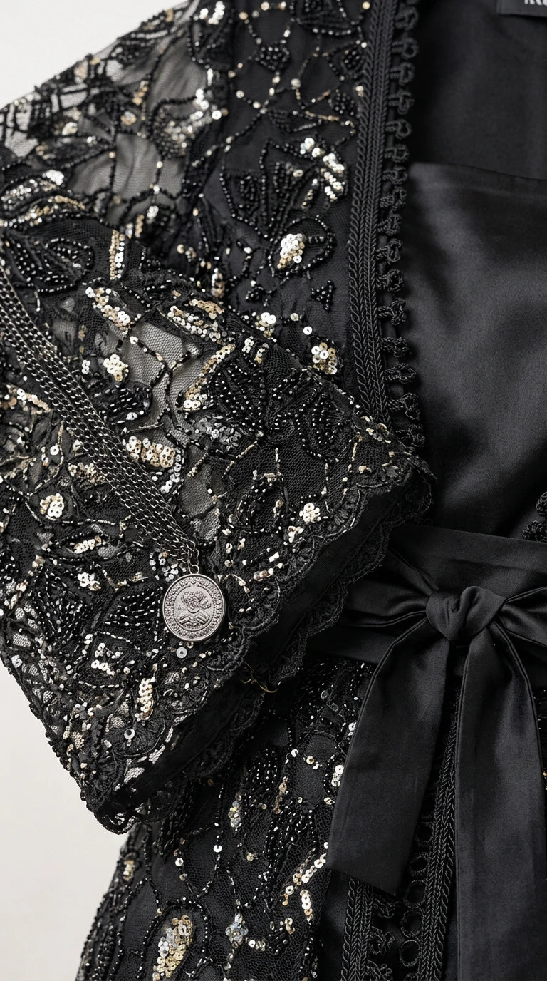 Close-up detail of black sequin embellishments, floral lace embroidery, cuff button, and satin tie