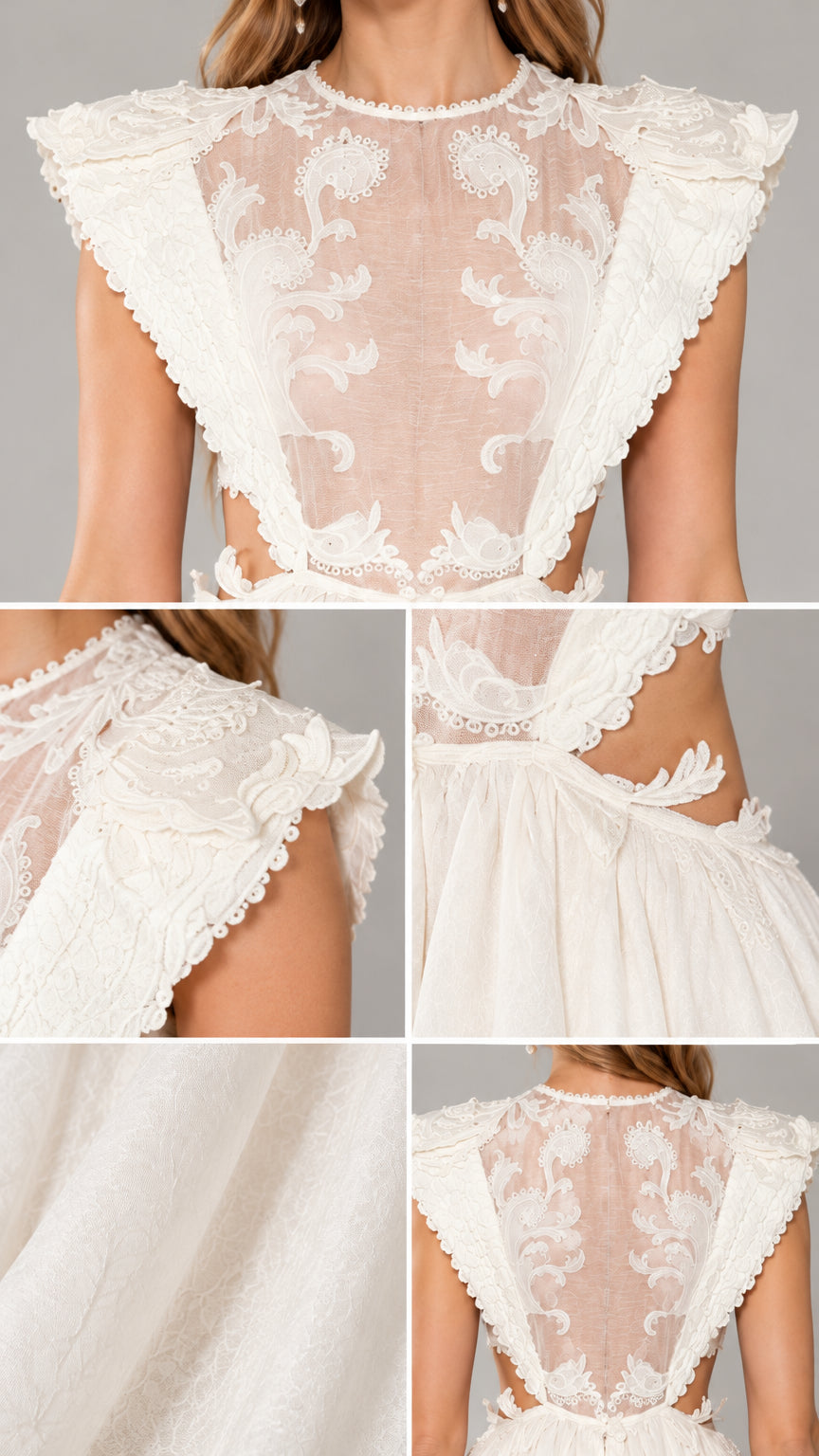 Detailed close-up of bodice lace embroidery and flutter cap sleeves