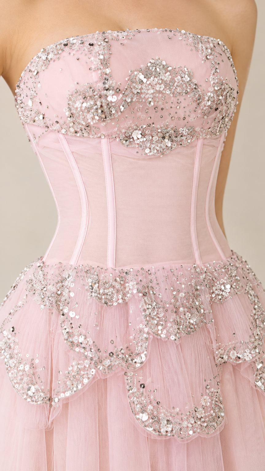 Close-up of Blush Pink corset bodice with sequin and bead accents