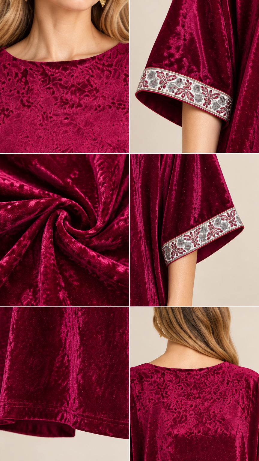 Close-up details of neckline, embroidered sleeve cuff, and crushed velvet texture in burgundy