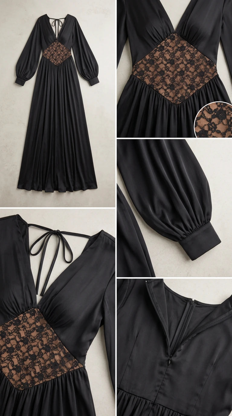 Detailed close-ups of black satin dress lace bodice, cuffed lantern sleeves, and back closure