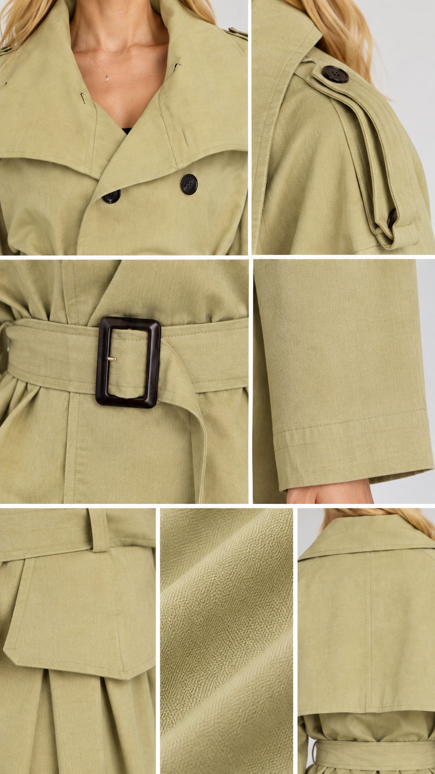 Detailed close-ups of lapel collar, shoulder tabs, buckle belt, cuffs, and woven fabric texture
