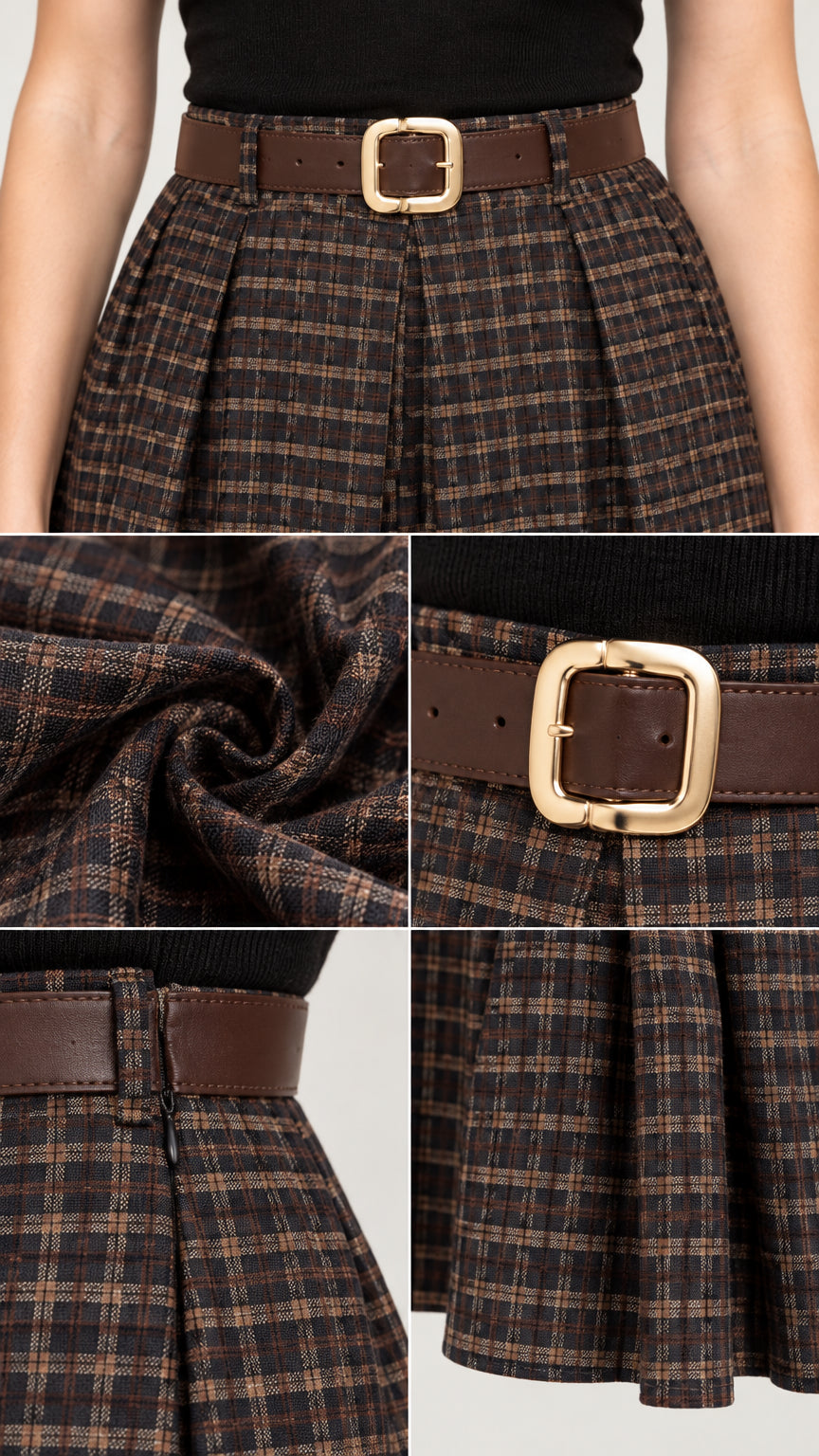 Close-up details of belt buckle, pleated waist, plaid fabric texture, and side zipper