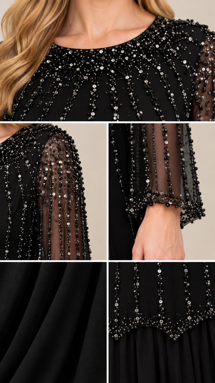 Close-up details of beaded neckline, sheer sleeve cuffs, and scalloped hem overlay