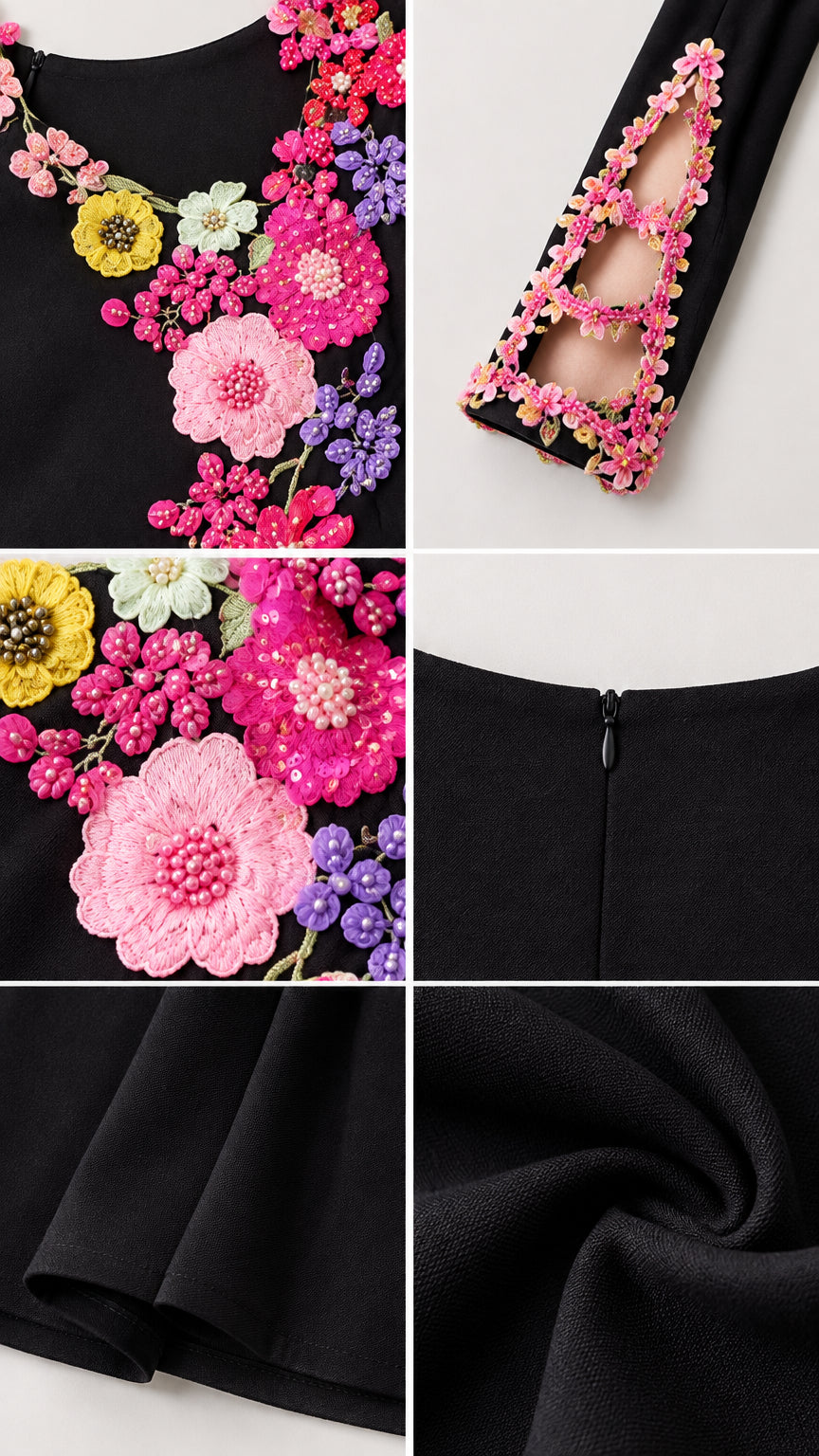 Close up view of neckline floral appliqués, embroidered cutout sleeve cuffs, and fabric texture