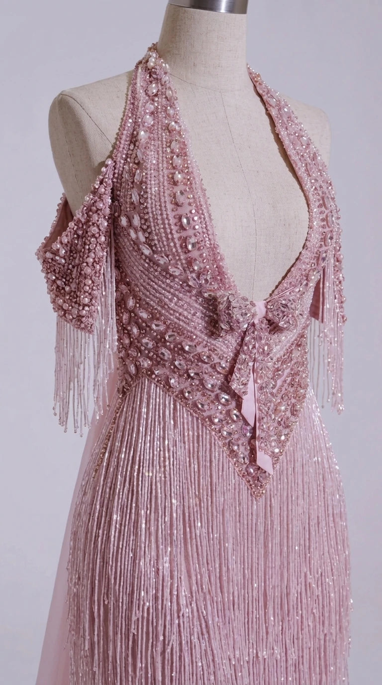 Close-up mannequin detail of plunging halter neckline and beaded fringe embellishments