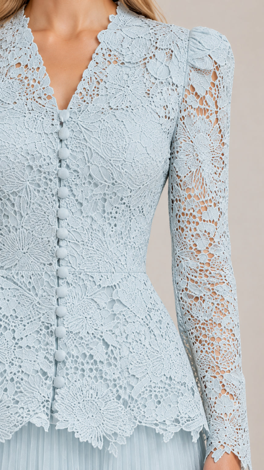 Close-up detail of Ice Blue floral lace bodice and fabric-covered buttons