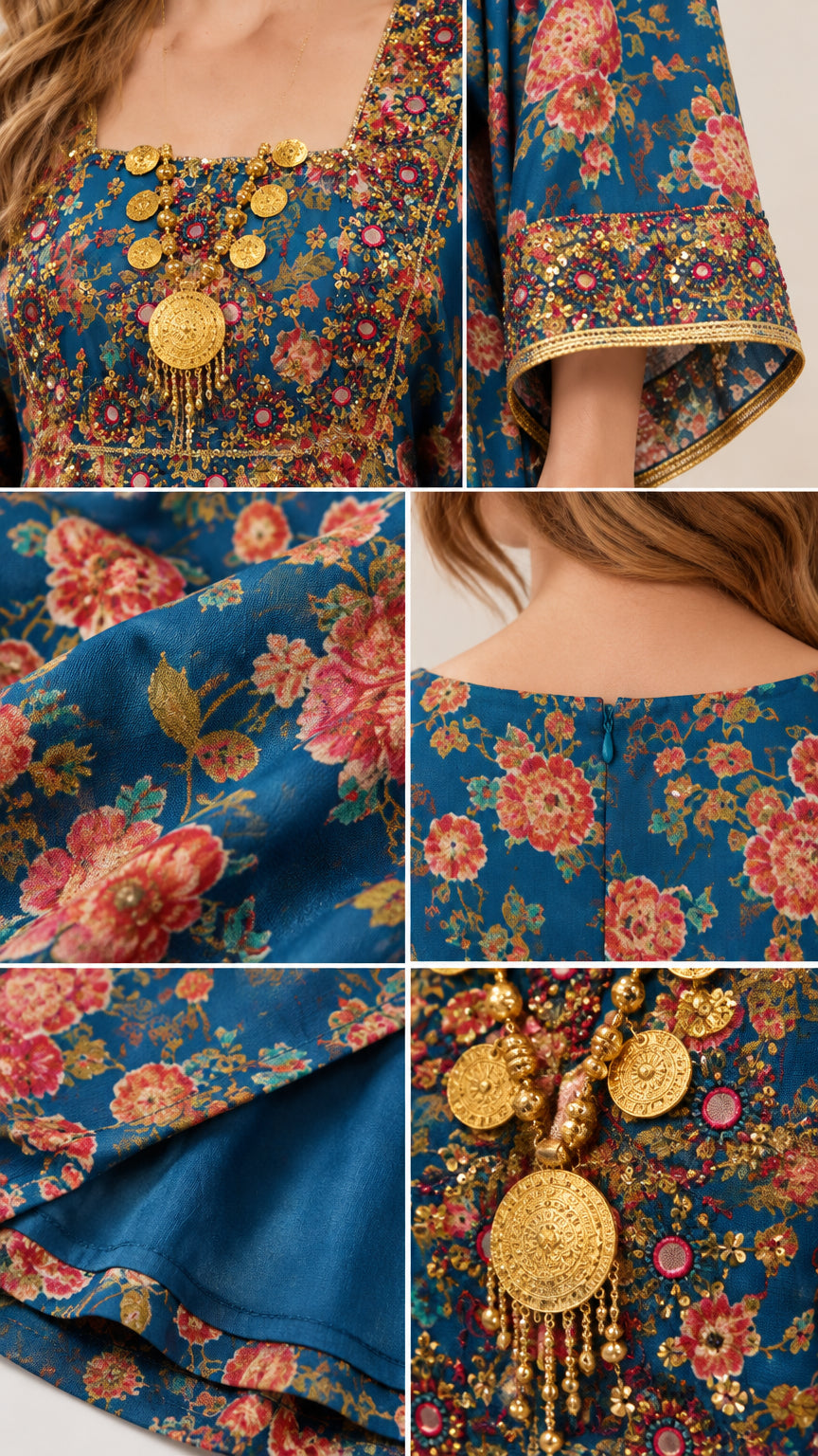 Close-up details of metallic gold embroidery, floral fabric texture, and hidden back zipper
