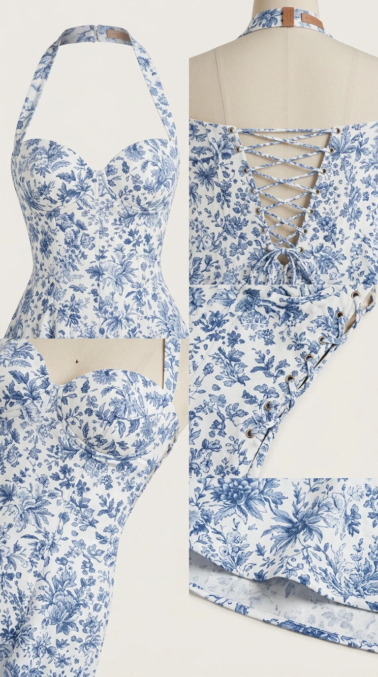 Close-up detail of the sweetheart halter neckline and lace-up back bodice
