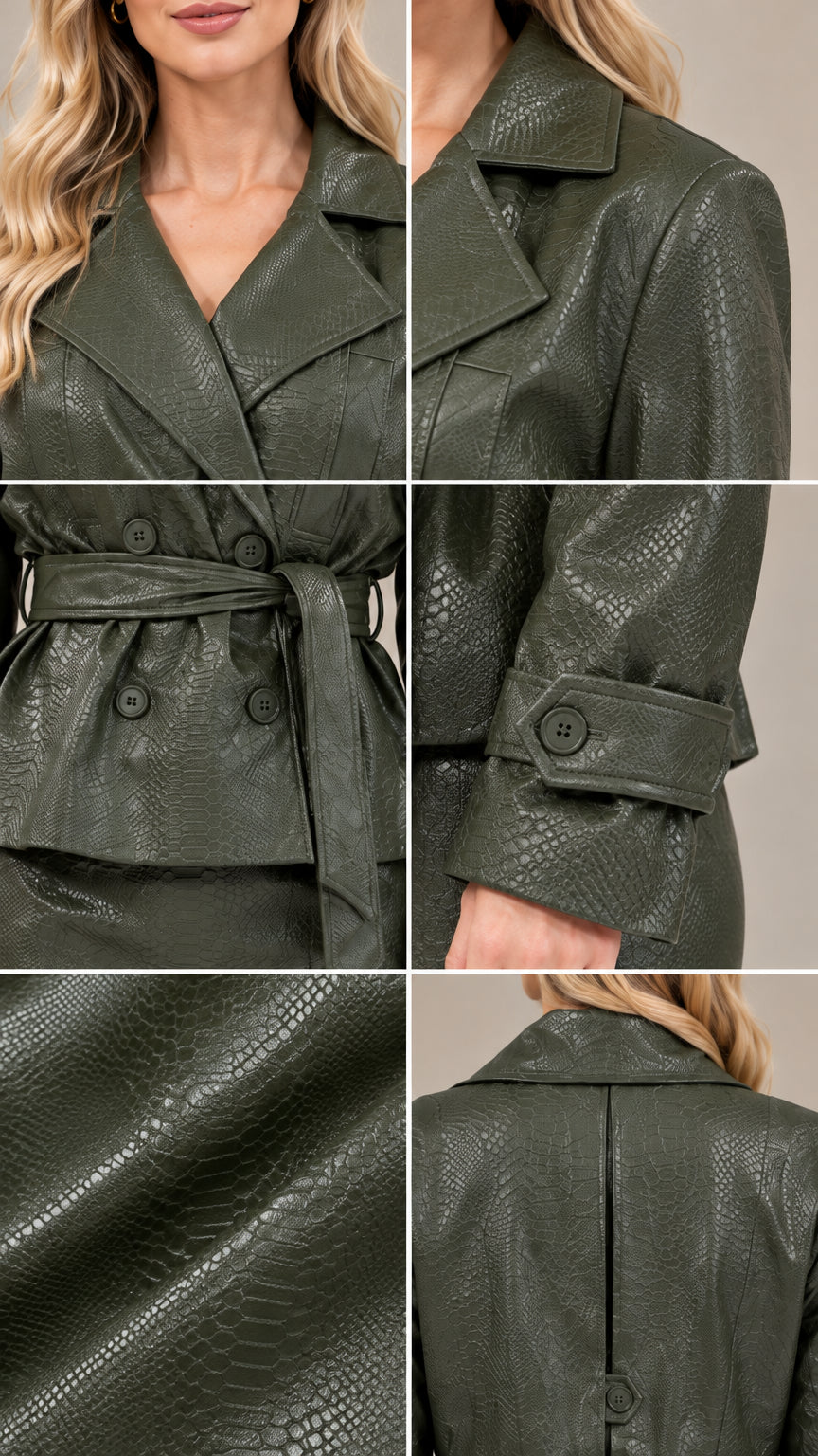 Close-up montage of lapel, belt closure, sleeve strap detail, and textured faux leather material