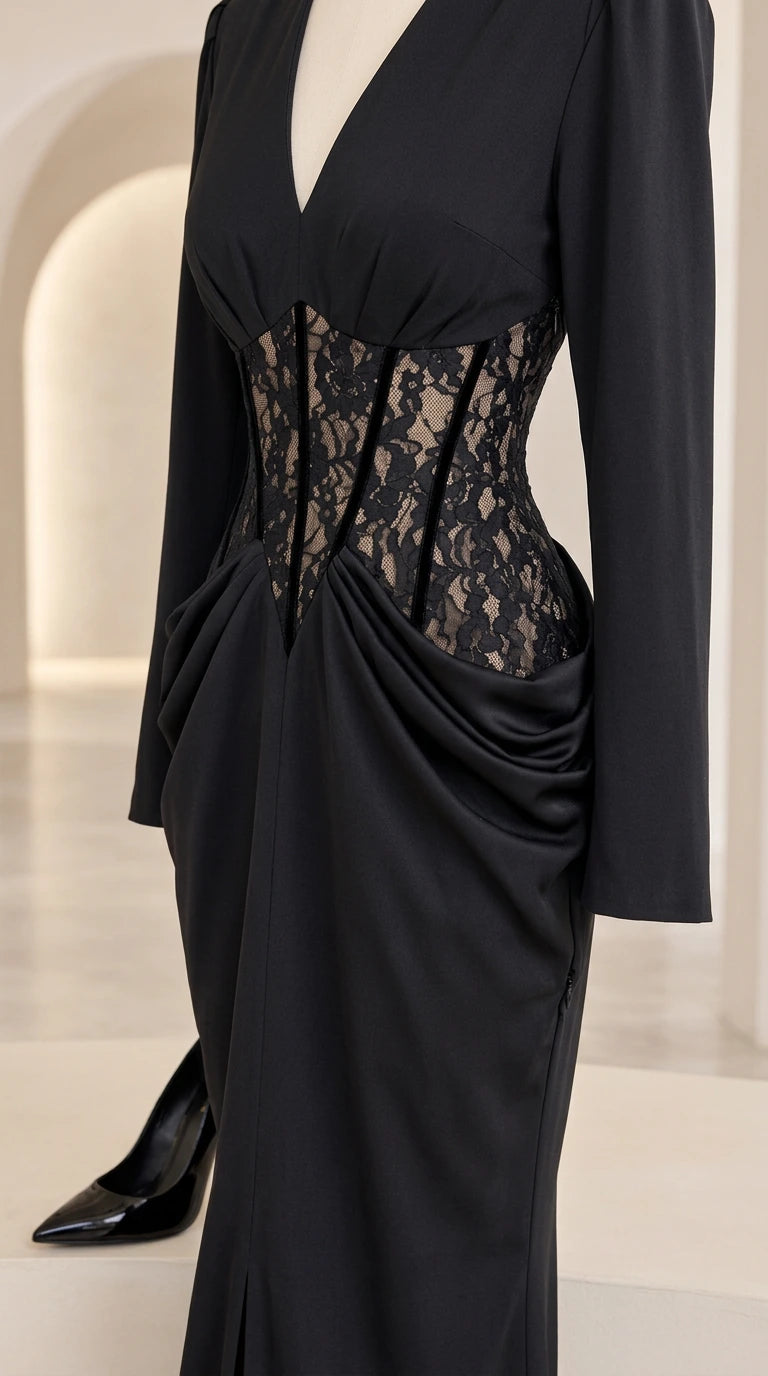 Close-up detail of sheer lace corset waist and draped hips on black evening dress