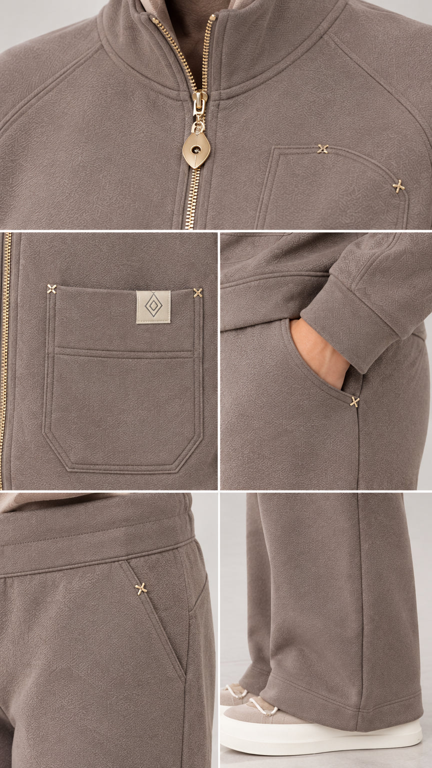 Close-up detail collage showing zipper, patch pocket stitching, and hem finish