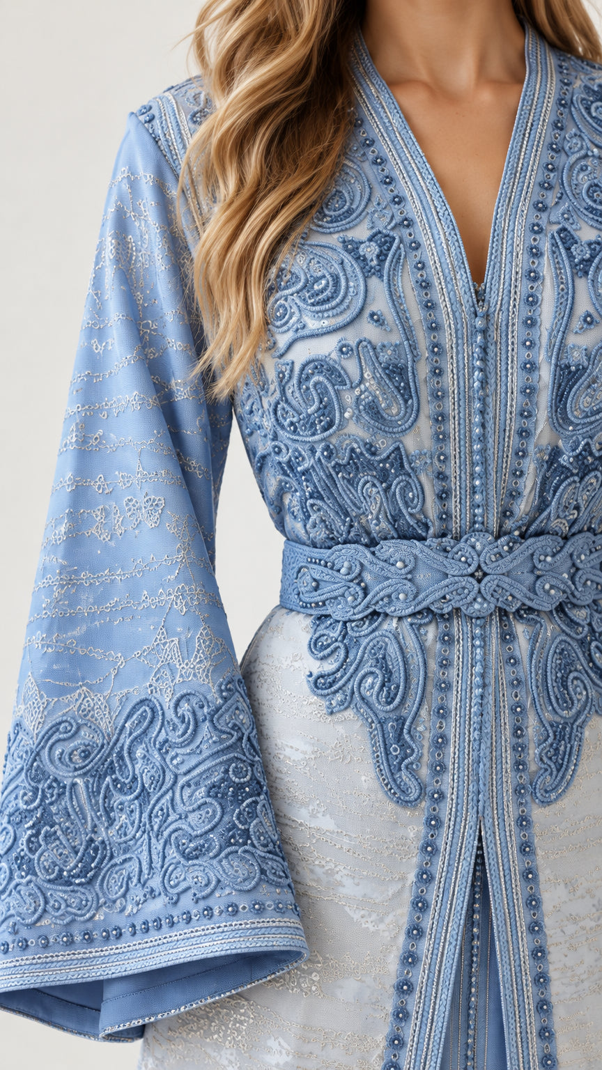 Close-up detail of intricate embroidery and beaded belt on Light Blue kaftan