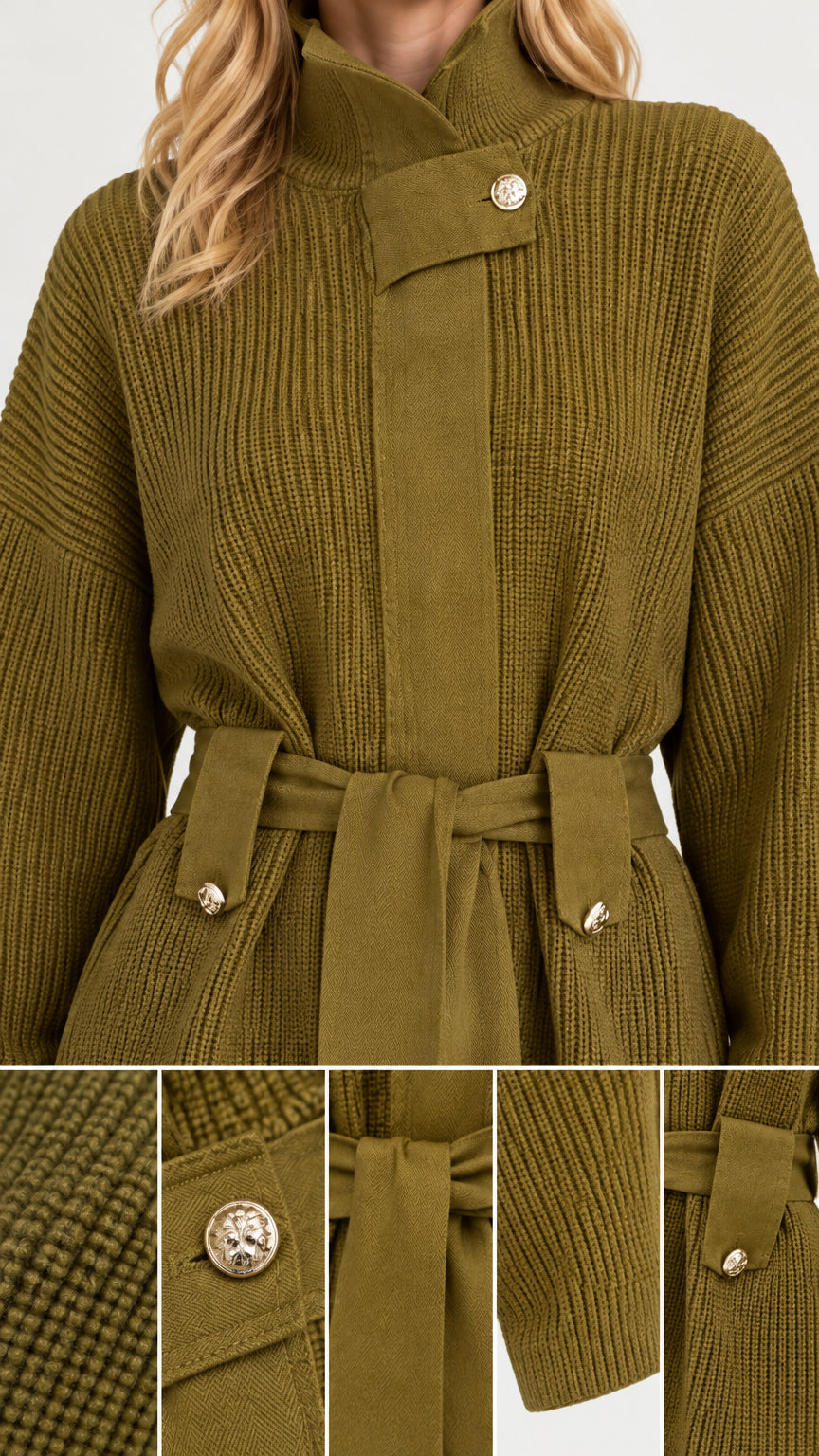 Close-up details of Olive Green ribbed knit neckline, metallic button, and tie belt loops