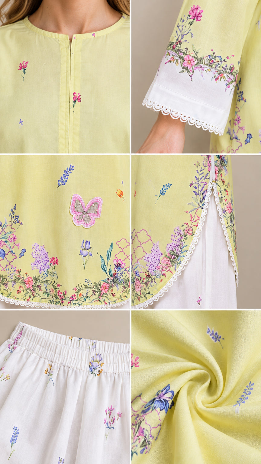 Close-up details of neckline, lace-trimmed sleeve cuffs, hem embroidery, elastic waistband, and fabric texture
