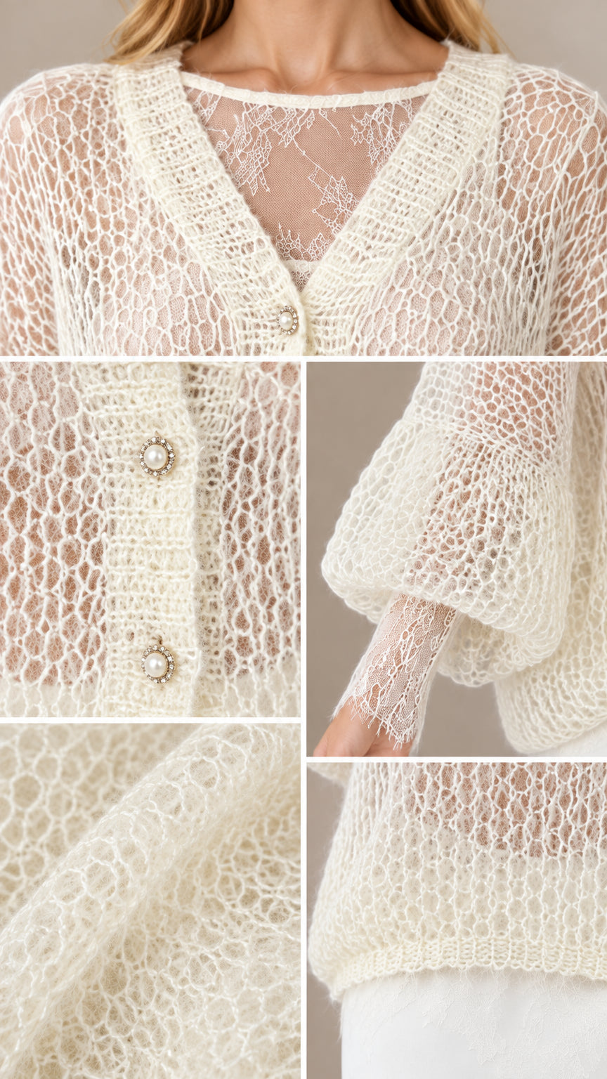 Close-up details of the sheer lace neckline, open-knit texture, and decorative buttons in Ivory