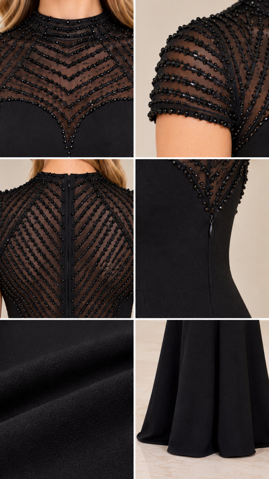 Close-up details of intricate chevron beadwork, cap sleeves, zipper, and hem