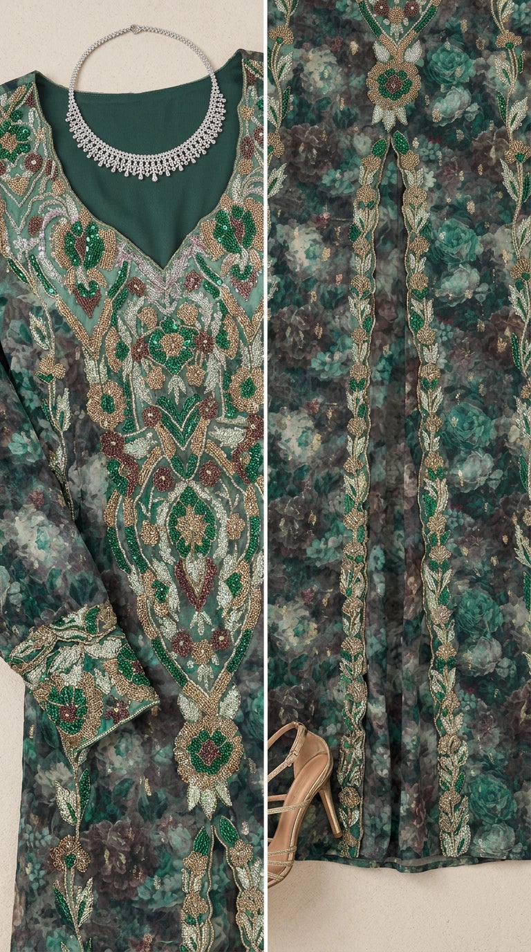 Close-up detail of embroidered neckline, cuffs, and floral print fabric