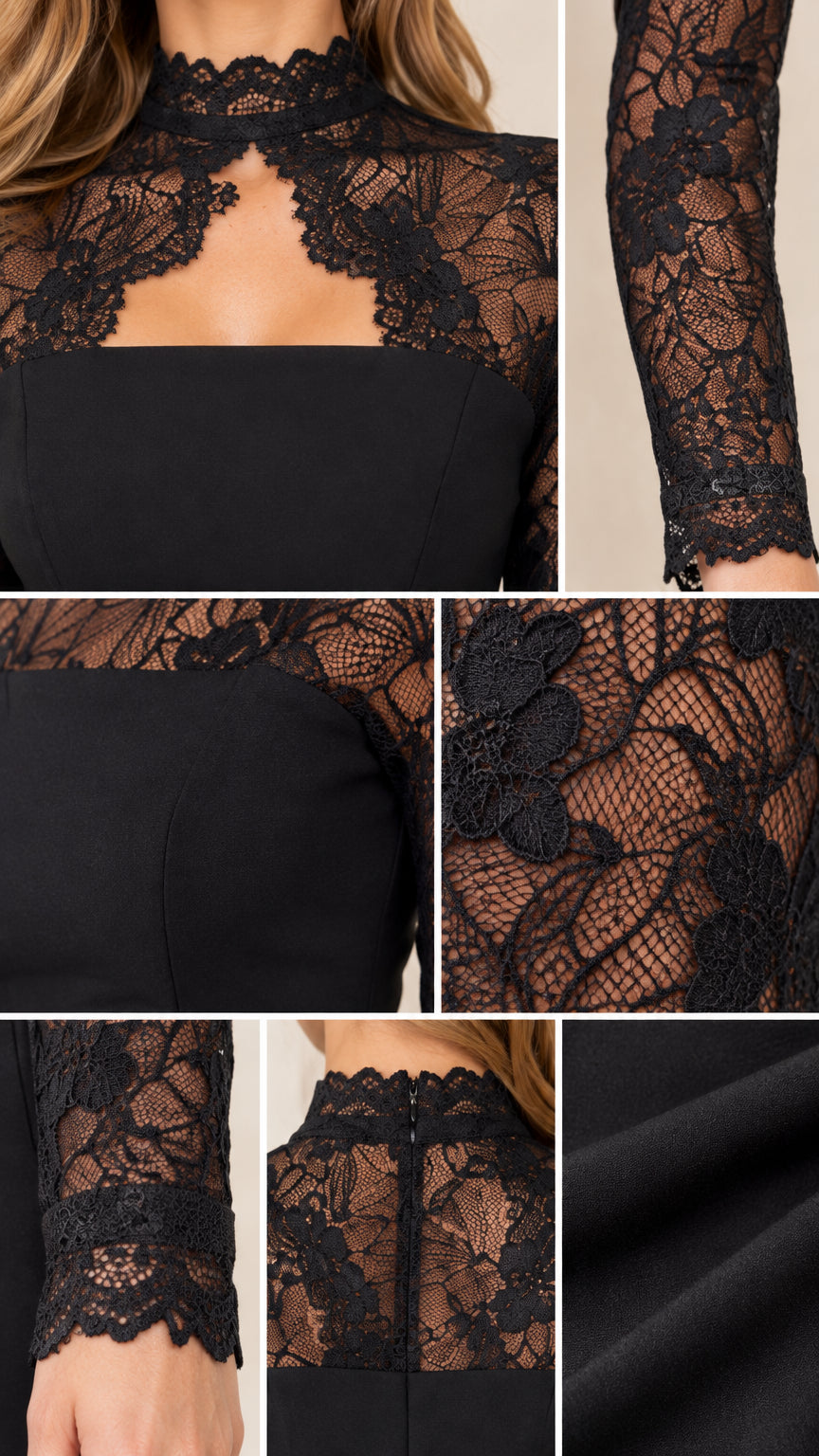 Close-up details of black floral lace neckline, bodice texture, and scalloped sleeves