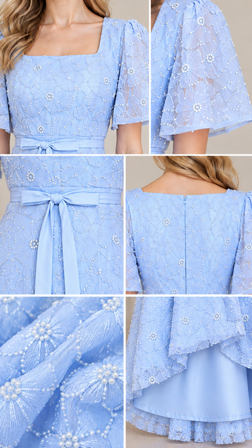 Close-up details of embroidered floral texture, flutter sleeve, waist ribbon, and hem lining