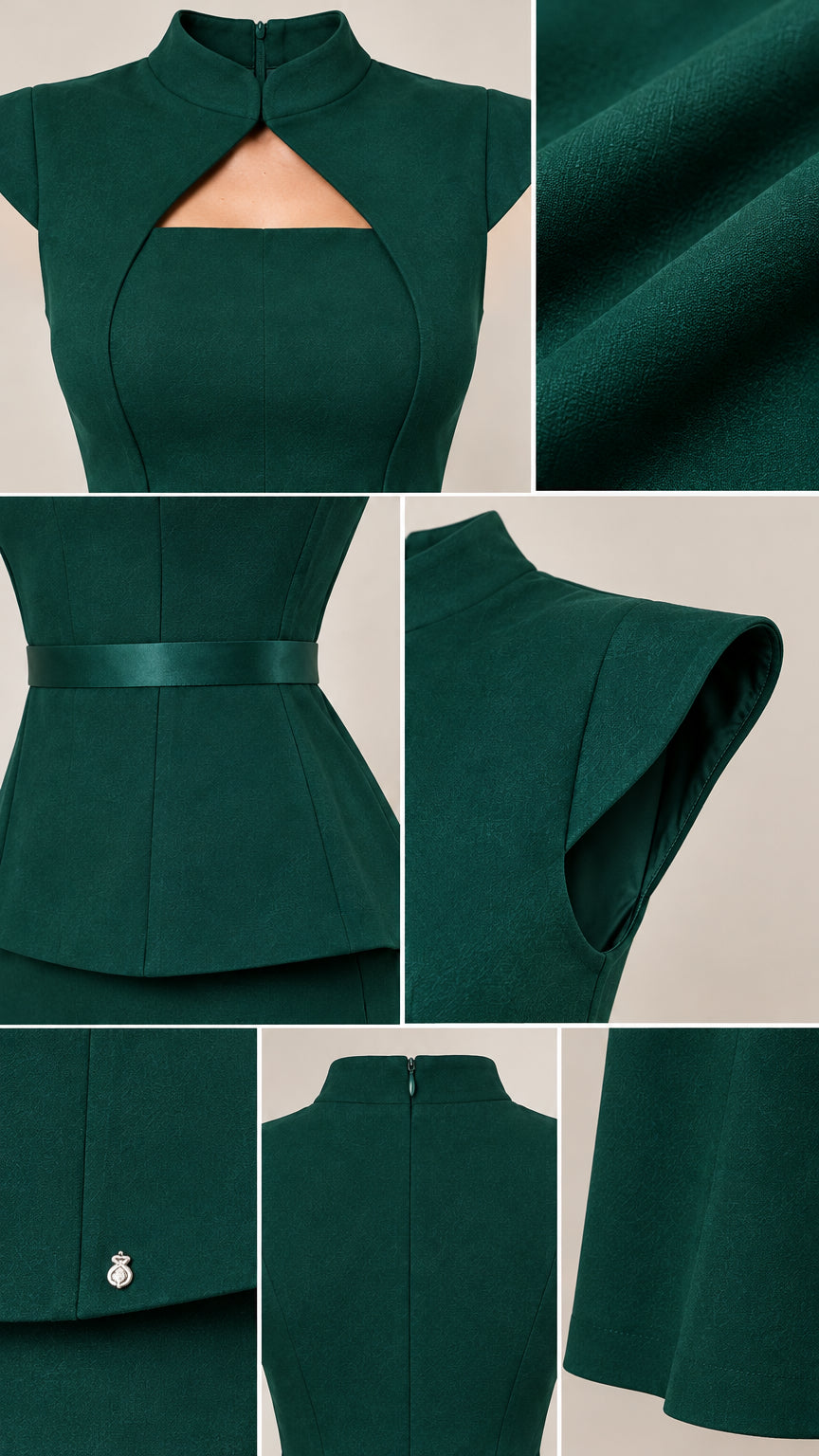 Detailed close-ups of the cutout neckline, peplum waist, cap sleeves, and back zipper