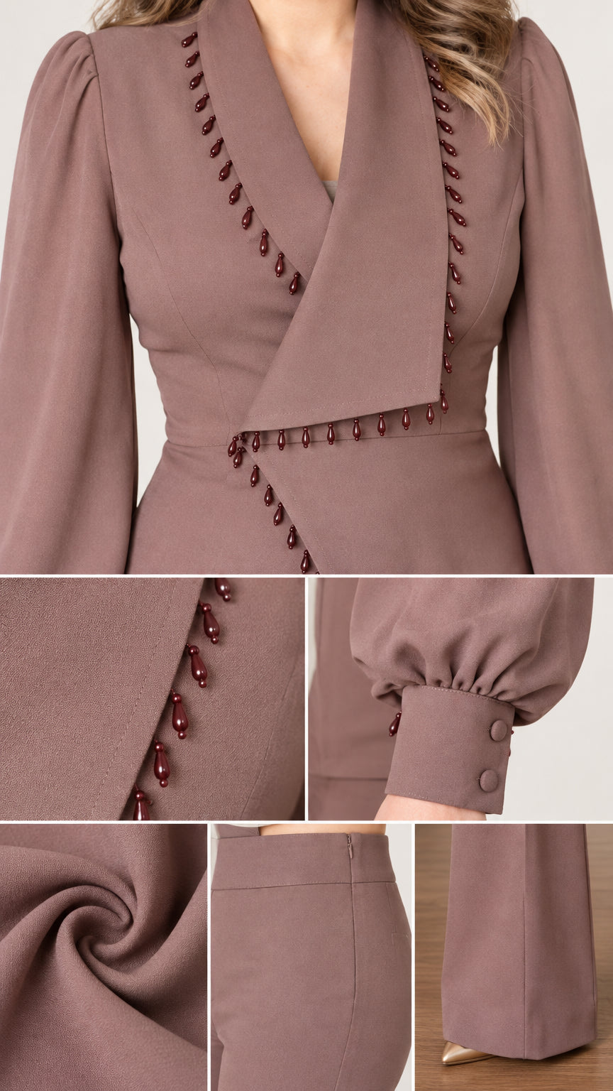 Close-up detail shots showing beaded collar trim, button cuffs, fabric texture, and trouser hem
