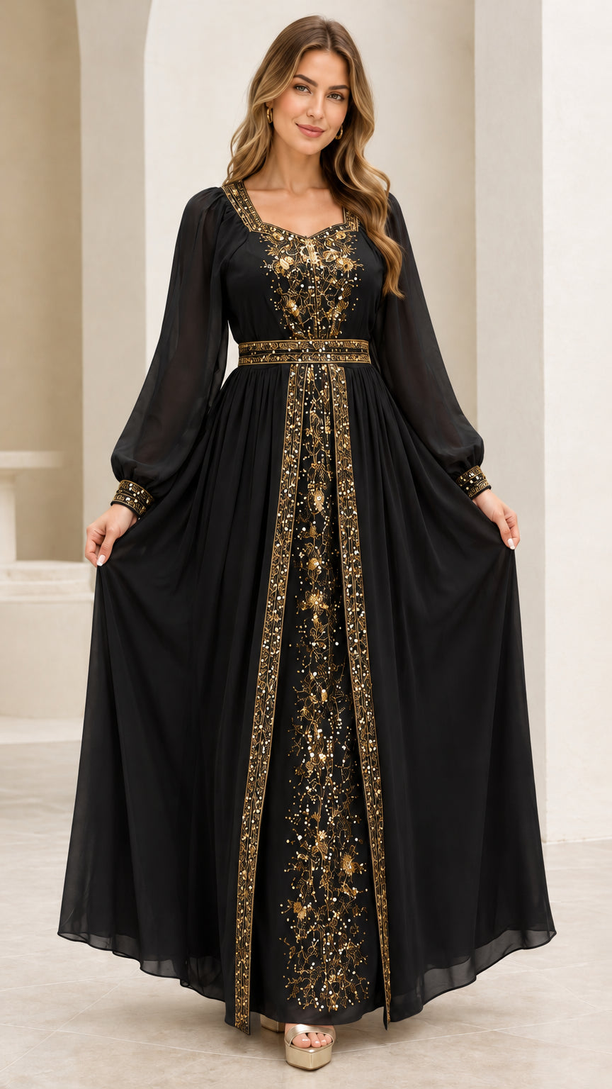 Front view of Black long sleeve maxi dress with golden sequin front panel