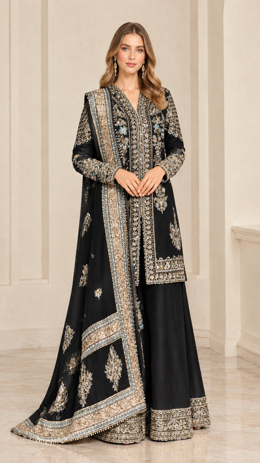 Full-length studio portrait of woman wearing Classic Black embroidered sharara suit set