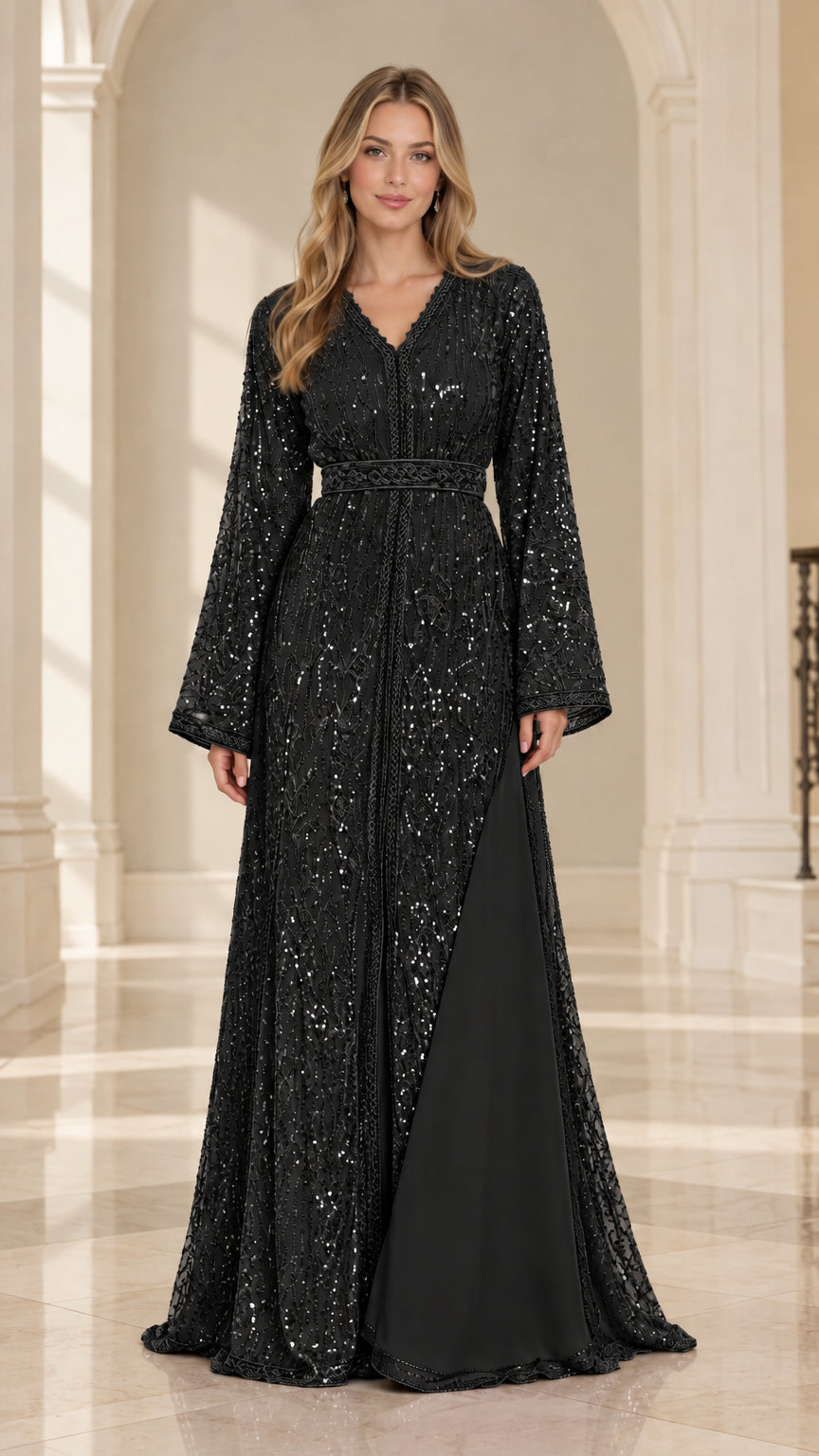 Front full-length view of Black sequined embroidered kaftan maxi dress