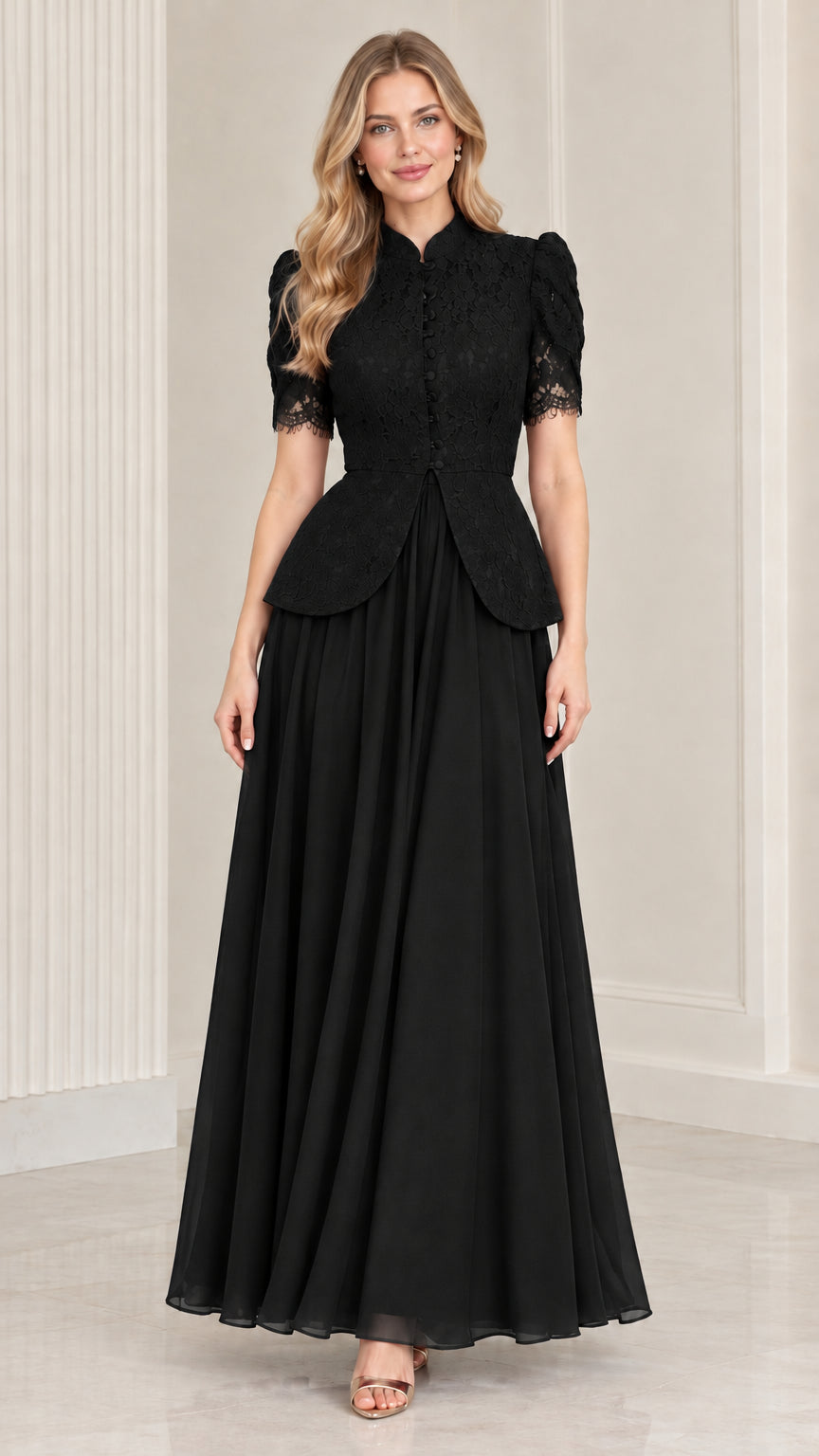Black lace peplum maxi evening gown on model