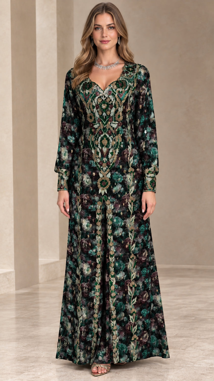 Front view of black floral embroidered long sleeve maxi evening gown