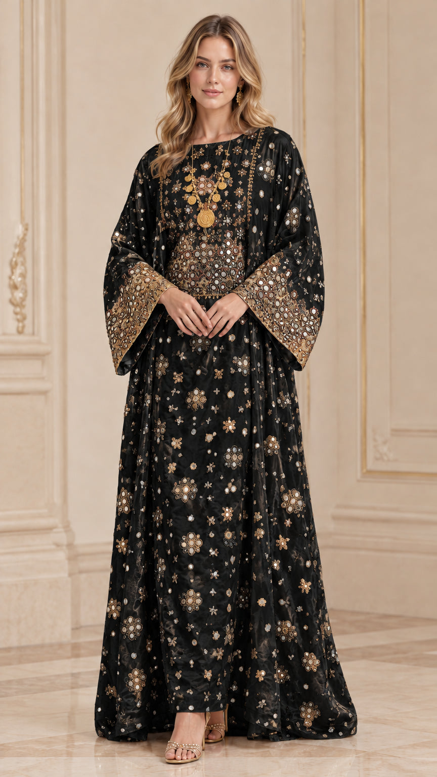 Front full-length view of woman wearing Black metallic embroidered kaftan maxi dress