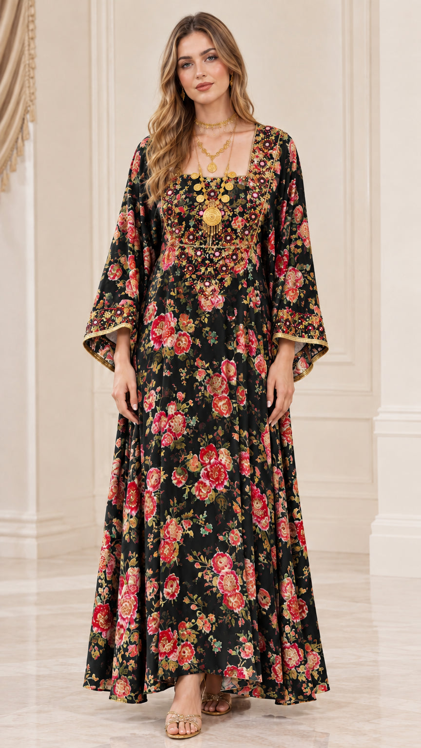 Front view of woman wearing black floral embroidered bell sleeve maxi dress