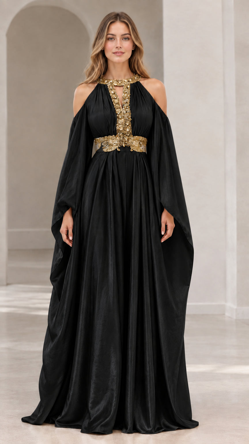 Black cape sleeve cold-shoulder evening gown with gold embroidery