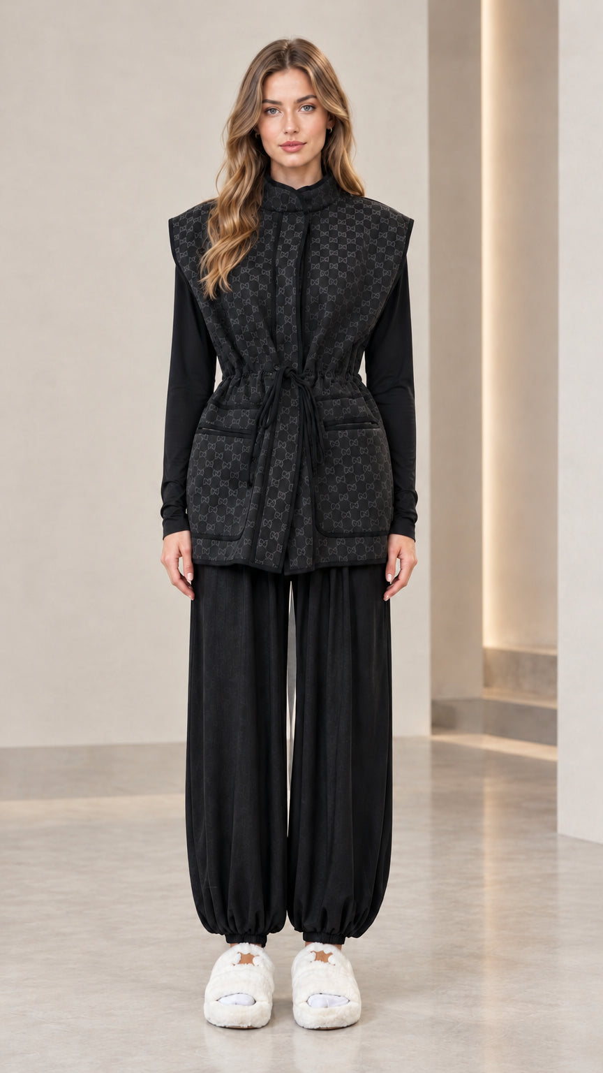Full front view of woman wearing black monogram drawstring waist vest