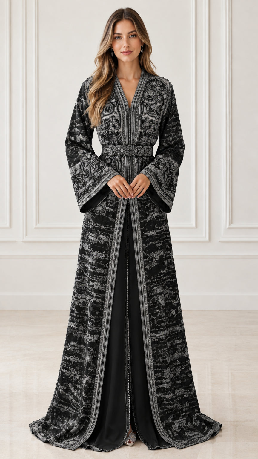 Full front view of model wearing Black and silver embroidered Moroccan kaftan dress
