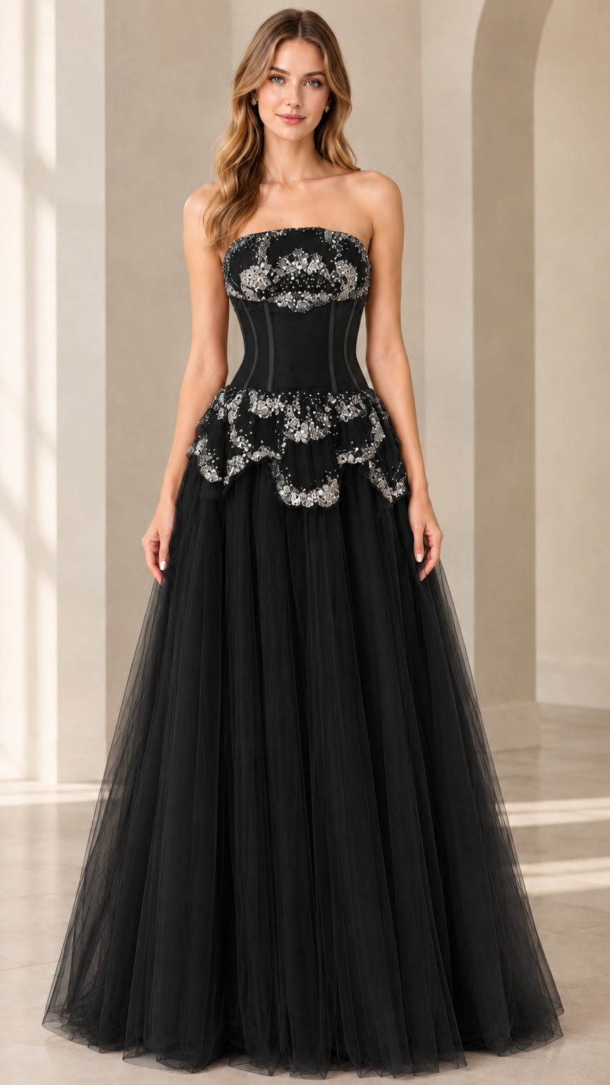 Black strapless corset tulle evening dress with silver sequin trim