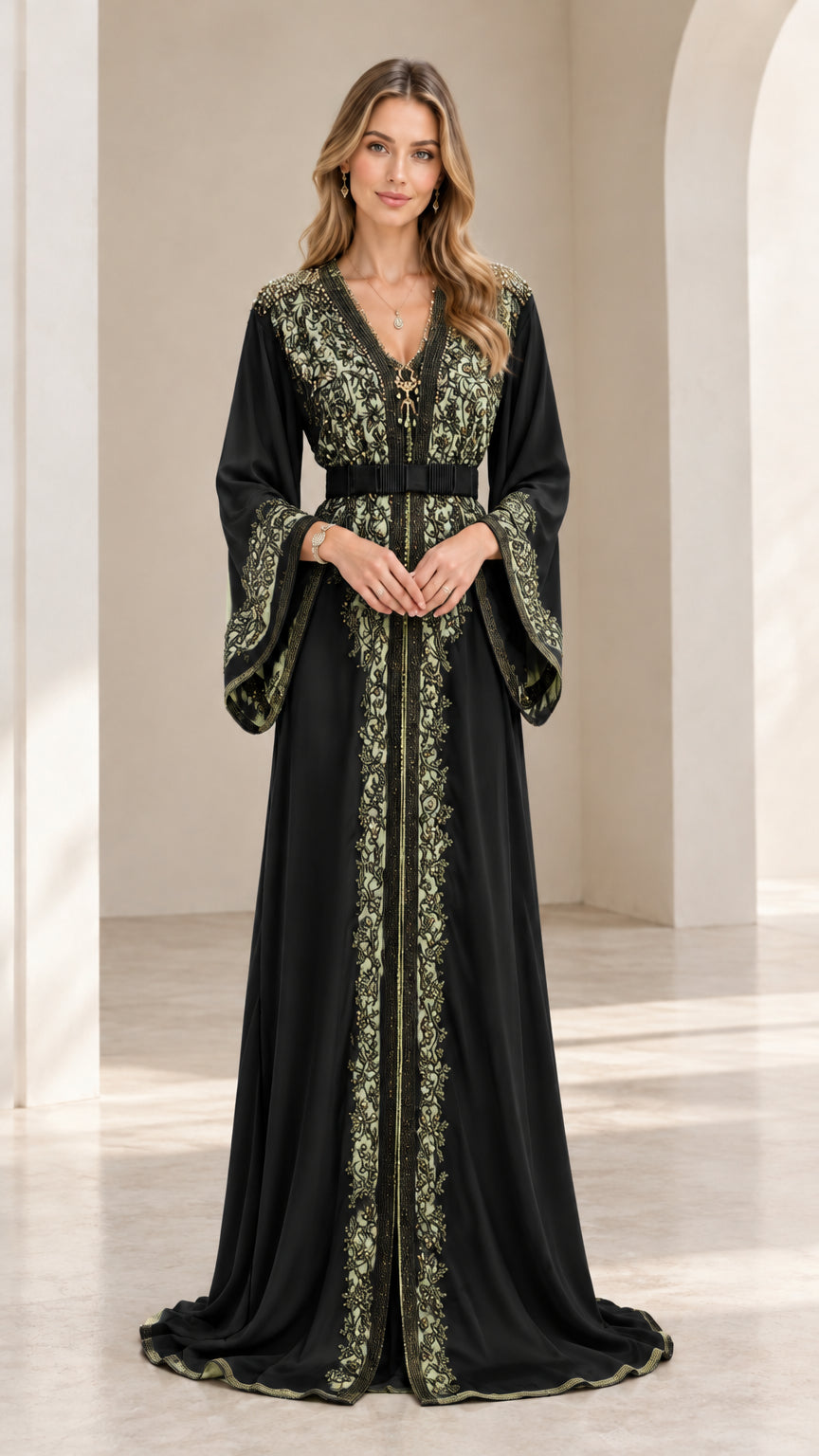 Front view of black embroidered Moroccan kaftan maxi dress with gold thread accents
