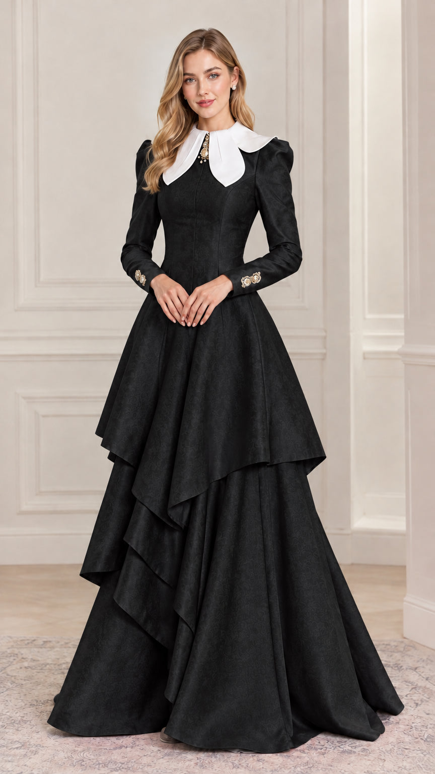Full-length view of black Victorian tiered evening gown with white collar