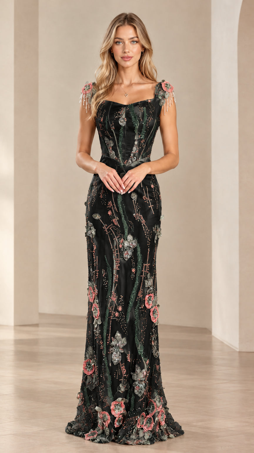 Black embroidered floral corset evening gown with beaded accents