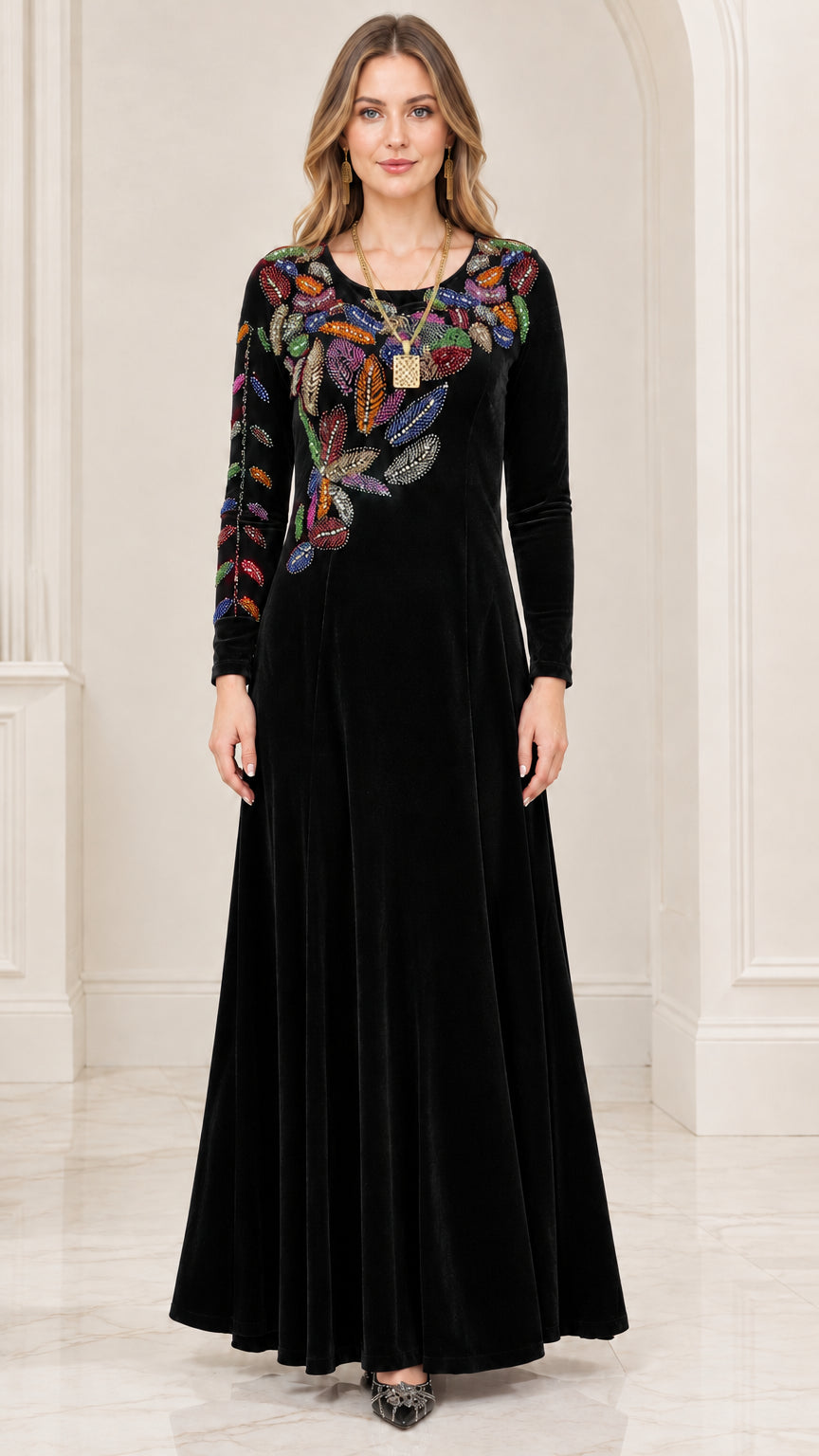 Front view of black velvet embroidered long sleeve maxi dress