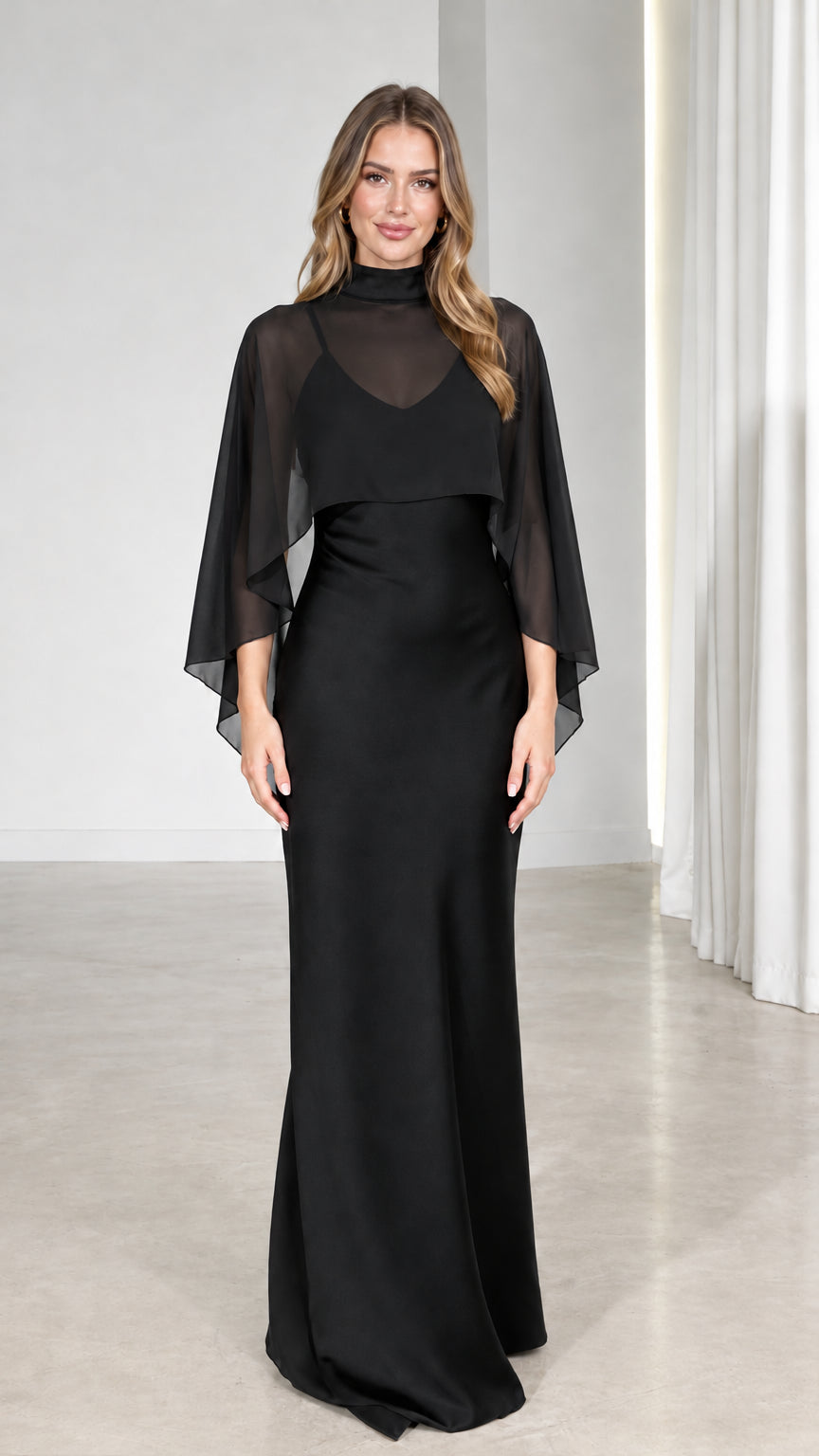 Front view of model wearing Black mock neck sheer capelet formal maxi gown