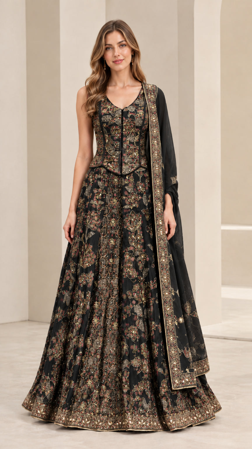 Front view of black embroidered lehenga choli set with gold accents and sheer dupatta